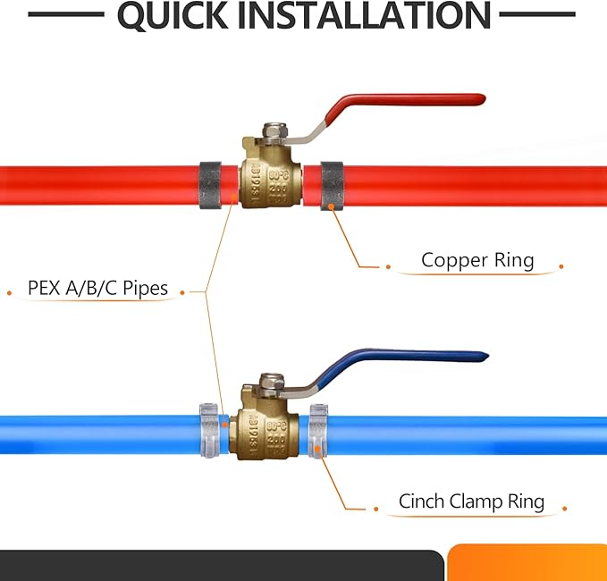 HeSun 12-PCs 1/2 Inch PEX Ball Valves, 1/4 Turn Full Port Shut-off, Brass Crimp Pex Valve for Hot and Cold Water, ASTM F1807,Blue & Red