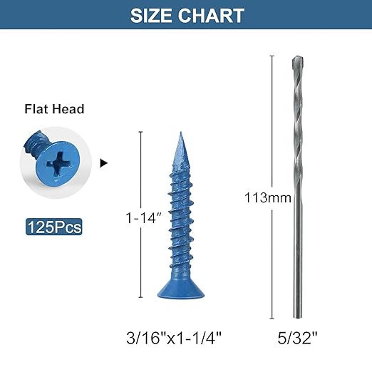 3/16 x 1-1/4 Inch 125PCS Concrete Screws, Flat Head Screws Anchor with Drill Bit, for Masonry, Block, Brick, Cement, Stucco, Diamond Point