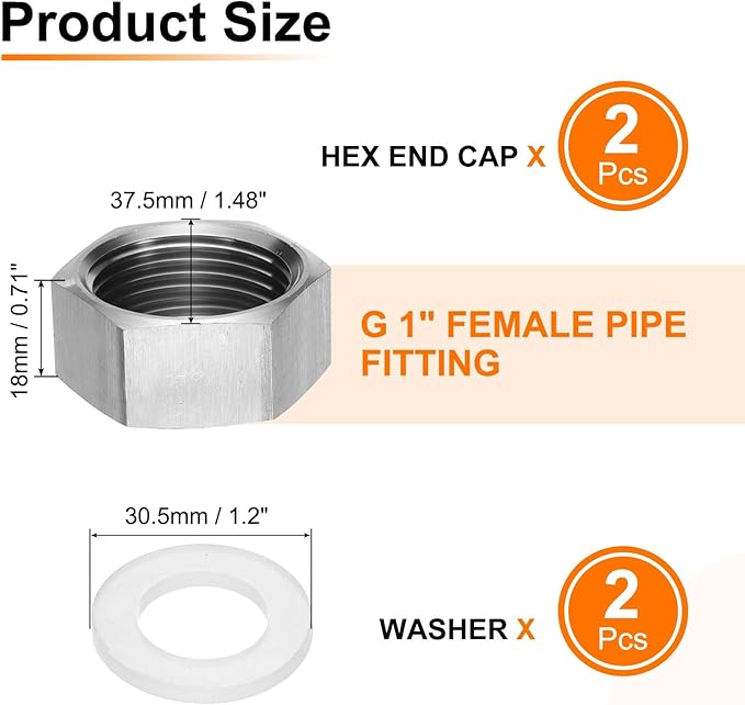 uxcell Hex End Cap 304 Stainless Steel Nut with Washer, G1 Female Thread Pipe Fitting, Gas Line Water Line Stop Valve Cap Tubing Ends for Plumbing Fittings, Silver Tone