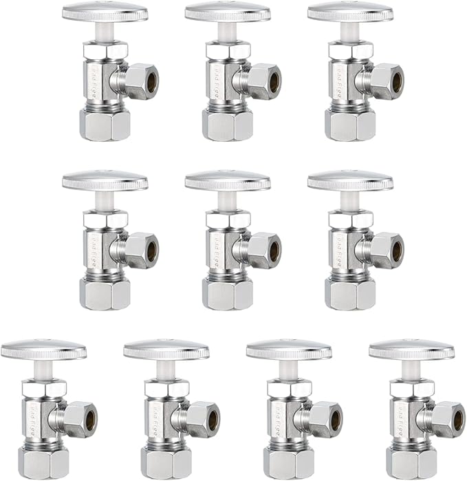 10 Pack slow turn Brass Angle Valve, Anti-Corrosion, Lead-Free, 5 Year Warranty, Easy Installation Angle Stop Valve for Plumbing, 1/2” Nominal x 3/8” Compression