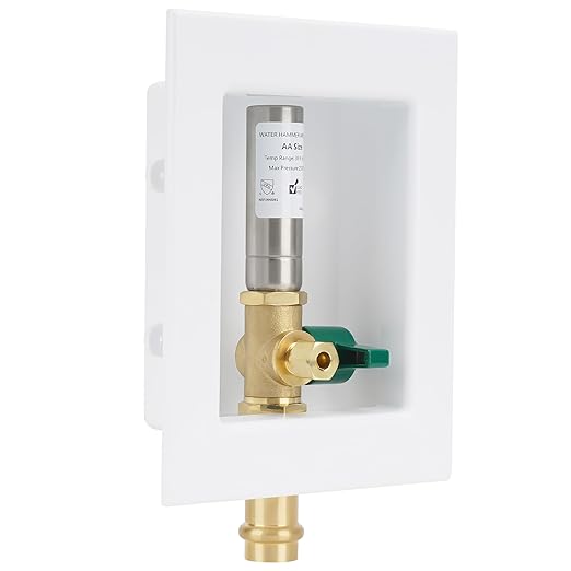 Ice Maker Outlet Box with Water Hammer Arrestor, 1/2-Inch Press x 1/4-Inch OD Compression with 1/4-Turn Ball Valve, Ice Maker Valve Wall Box with Faucet, Absorb Shock and Reduce Noise