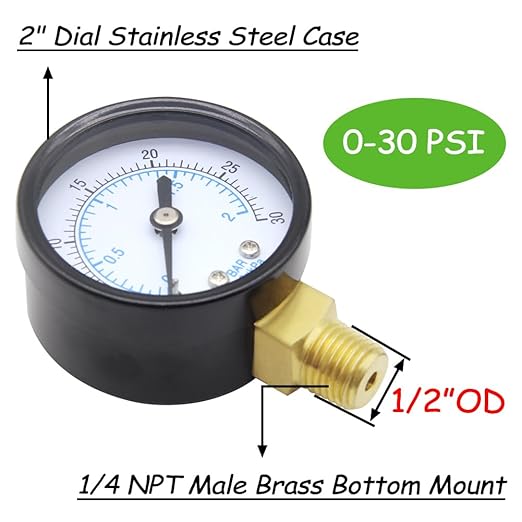 Pressure Gauge 0-30PSI 1/4" NPT Male Brass Bottom Mount 2" Dial Stainless Steel Case Include 1/2" NPT and 3/8" NPT Connector Universal Multifunctional