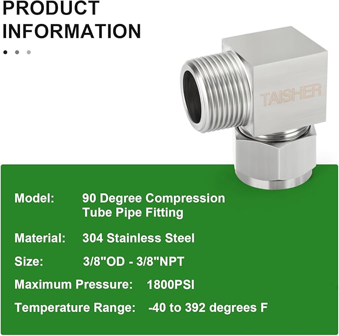 TAISHER 1PCS 304 Stainless Steel Square 90 Degree Compression Tube Pipe Fitting Connector, 3/8" Tube OD x 3/8" NPT Male Adapter