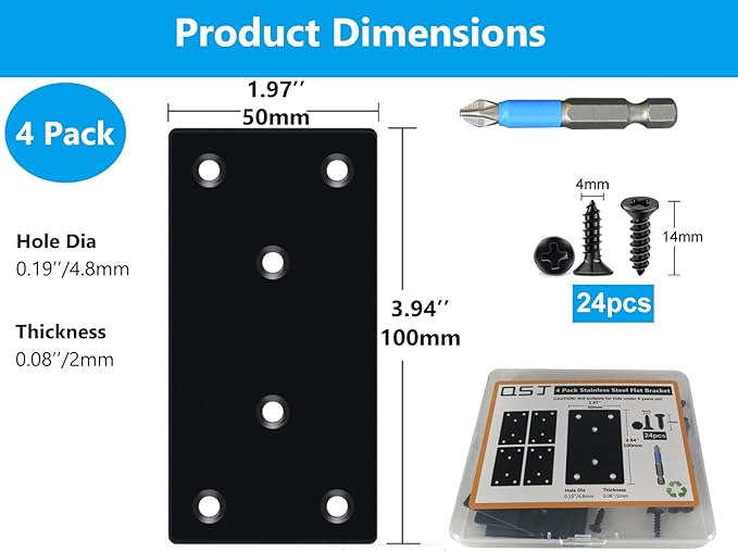 QSJ 4 Pack Black Flat Mending Plate,Six-Hole Metal Bracket, Straight Steel Brace 3.94 x 1.97'', Fixing Joining Plate for Wood with 24PCS Screws, 1x Screwdriver.