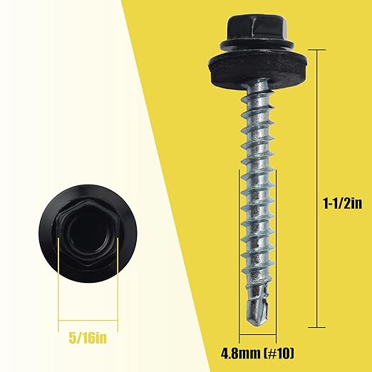250pcs #10 x 1-1/2" Black Hex Head Self-Drilling Metal Roofing Screws, EPDM Washer, Colored Head, Sheet Metal Roof Screw with Hex Driver Bit