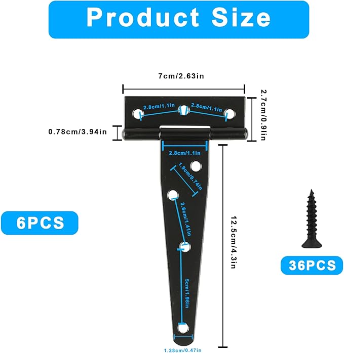 12 Pack 5 Inch T Strap Hinges, Shed Door Gate Hinges, Heavy Duty Black Outdoor Tee Hinge for Wooden Fences, Barn Door Gates Hinge for Shed Door Hardware