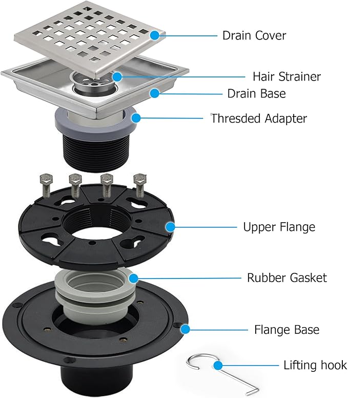 4 Inch Square Shower Floor Drain with Flange,Quadrato Pattern Grate Removable,Food-Grade SUS 304 Stainless Steel,Brushed Nickel