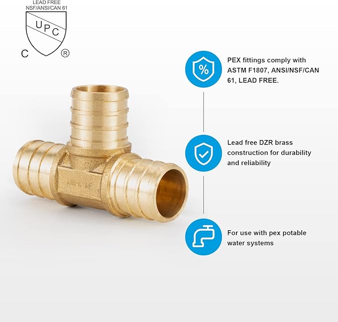 WMAXPFIT(10 Pack) 3/4 Inch PEX Tee F1807, LF Brass crimp fitting for PEX-b pipe