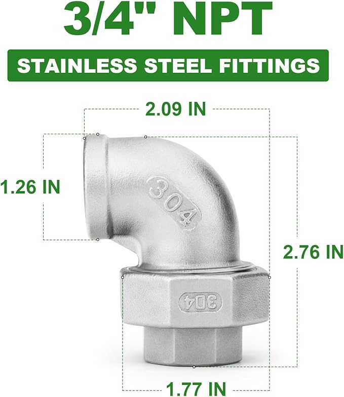 TAISHER 1PCS 304 Stainless Steel 90 Degree Elbow Union，3/4" NPT Female x 3/4" NPT Female Cast Pipe Fitting