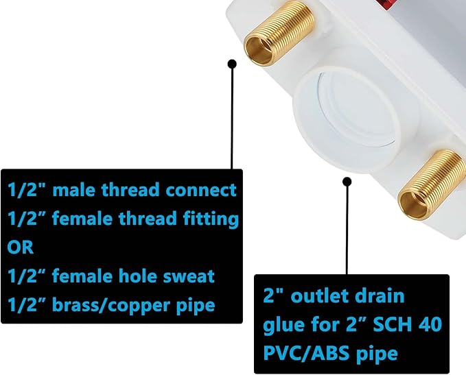 (1 Pack) Lidertik Washing Machine Outlet Box with Hammer Arrestors and Center Drain, Inlet 1/2 inch Thread or Sweat x Outlet 3/4 inch Male Thread, Absorb Shock And Reduce Noise LI-611-11
