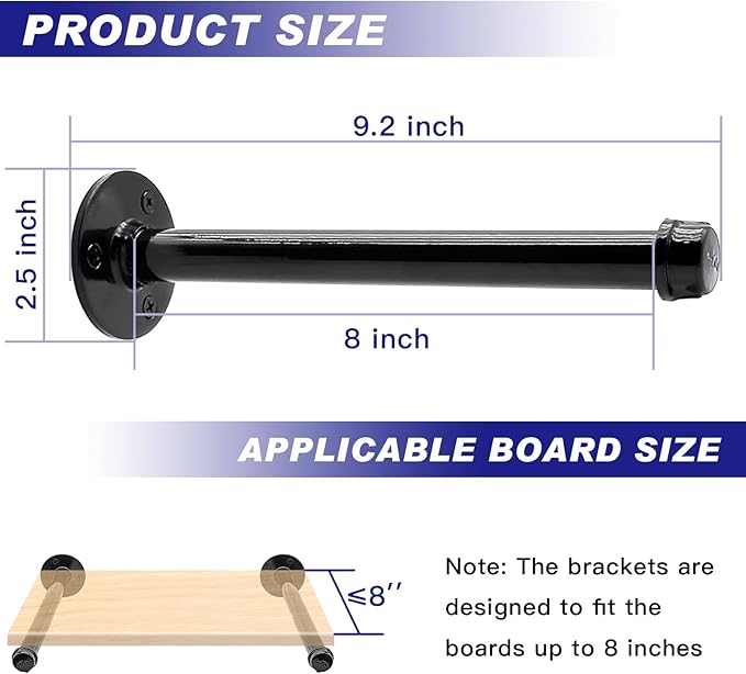 6 Pack Pipe Shelf Brackets 8 Inch, Industrial Iron Pipe Floating Shelves Bracket Heavy Duty Metal Shelving Brackets for DIY Shelves