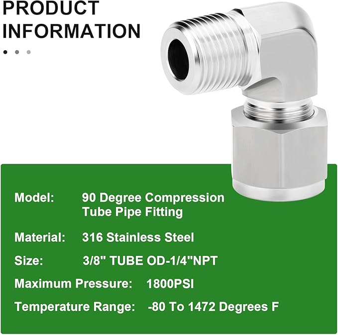 TAISHER 1PCS 316 Stainless Steel 90 Degree Compression Tube Pipe Fitting Connector, 3/8" Tube OD x 1/4" NPT Male Adapter
