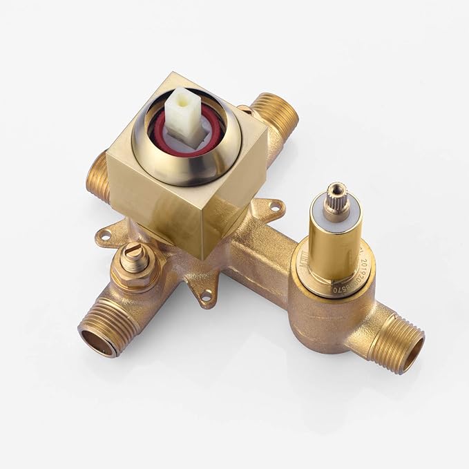 sumerain Brushed Gold Shower System Pressure Balance Shower Faucet, 8 Inches Square Rain Shower Head and Hand Shower, Including Rough-In Valve