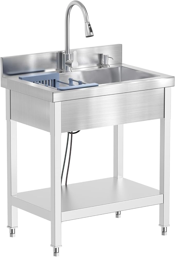 27inch Stainless Steel Utility Sink, Commercial Kitchen Single Bowl Sink with Cold and Hot Water Faucet,Hoses and Drain Kit,Complete Base Plate for Kitchens, Bathrooms, Garage, Laundry Room