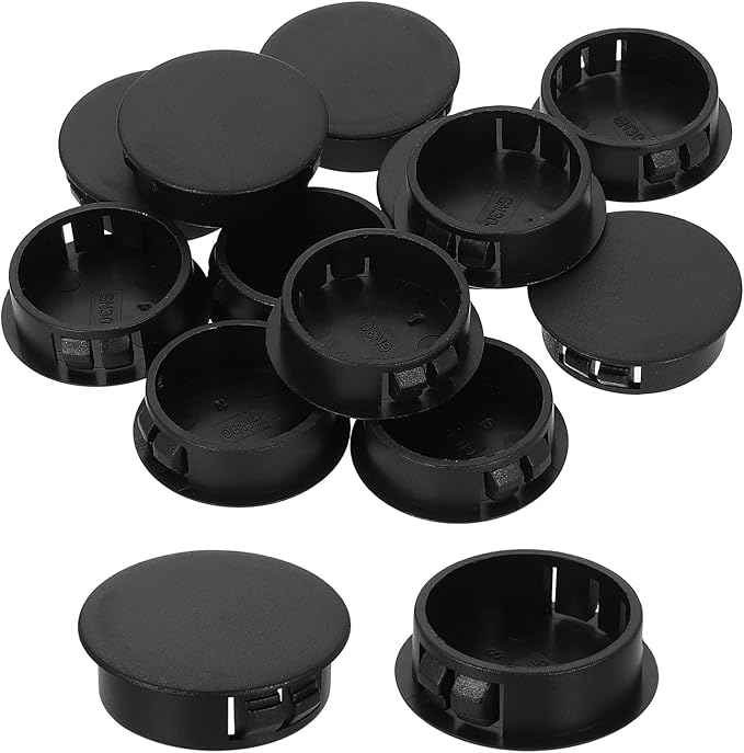 uxcell 12Pcs Plastic Hole Plugs, 30mm(1-3/16") Flush Type Panel Plugs, Round Snap Knockout Locking Plugs for Furniture Insert End Caps Panels, Black