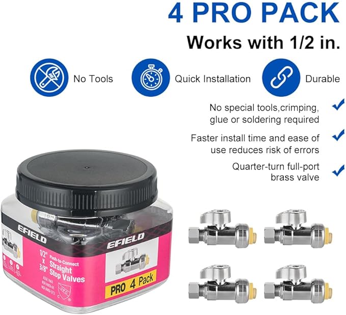 Pro 4-Pack EFIELD Push Fit 1/4 Turn Straight Stop Valve, 1/2 Push x 3/8 Inch Compression With A Clip, Chrome Plated LF Brass, Heavy Duty,(PF-VALVE084)