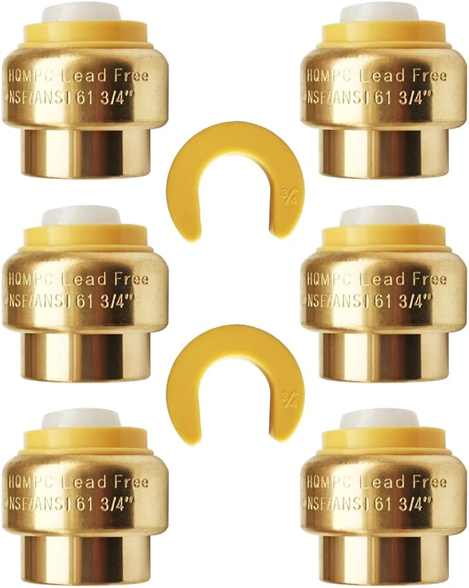 HQMPC 3/4" Push Fit PEX End Cap, Push-to-Connect Brass Plumbing Fittings No Lead Brass Plumbing Fittings with Disconnect Clip for Copper, CPVC 6Pcs