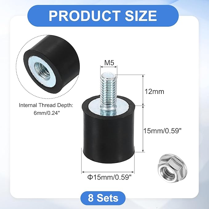 uxcell M5 Rubber Mounts, 8Pcs 15x15mm(DxH) Rubber Cylindrical Anti Vibration Isolator Shock Absorber with Lock Nuts for Car Bobbin Generator Air Compressors