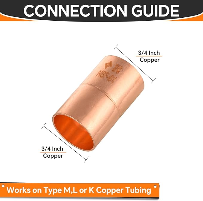 HeSun 100-Pack Copper Fittings, 3/4-Inch Copper Coupling with Rolled Stop, C x C with Sweat Solder Connection