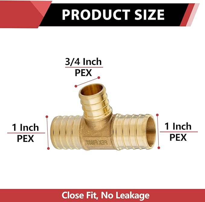 (Pack of 3) EFIELD 1" x 1"x 3/4" Barb Crimp Pex Reducing Tee Brass Fittings, ASTM F1807,(PEX1807090-3PCS)