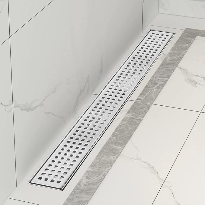 Linear Shower Drain, Drain 18 inch with Removable Grate Cover, Professional AISI 304 Stainless Steel Shower Floor Drain, Shower Drain with Hair Catcher and Leveling Feet