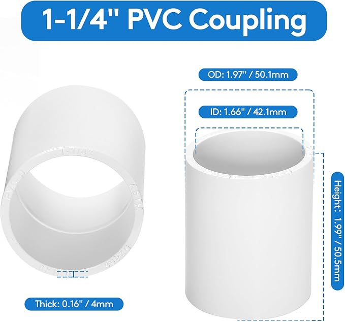 5 pcs 1-1/4" PVC Coupling Pipe Fittings (Socket x Socket) Schedule 40 PVC Fittings used For Plumbing and Irrigation