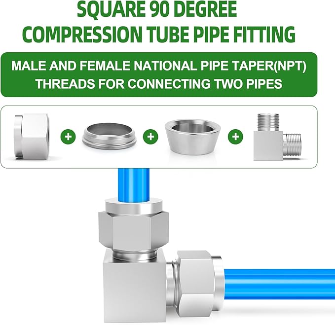 TAISHER 1PCS 304 Stainless Steel Square 90 Degree Compression Tube Pipe Fitting Connector, 1/2" Tube OD x 1/2" Tube OD Adapter