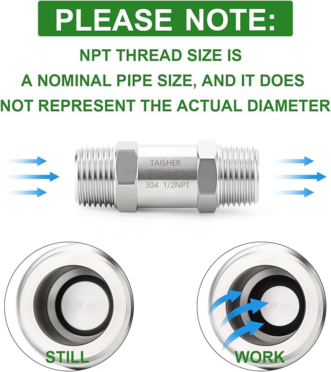 TAISHER 1PCS 304 Stainless Steel 1/2" NPT Male Check Valve,Backflow Prevention,One Way Non-Return Check Valves