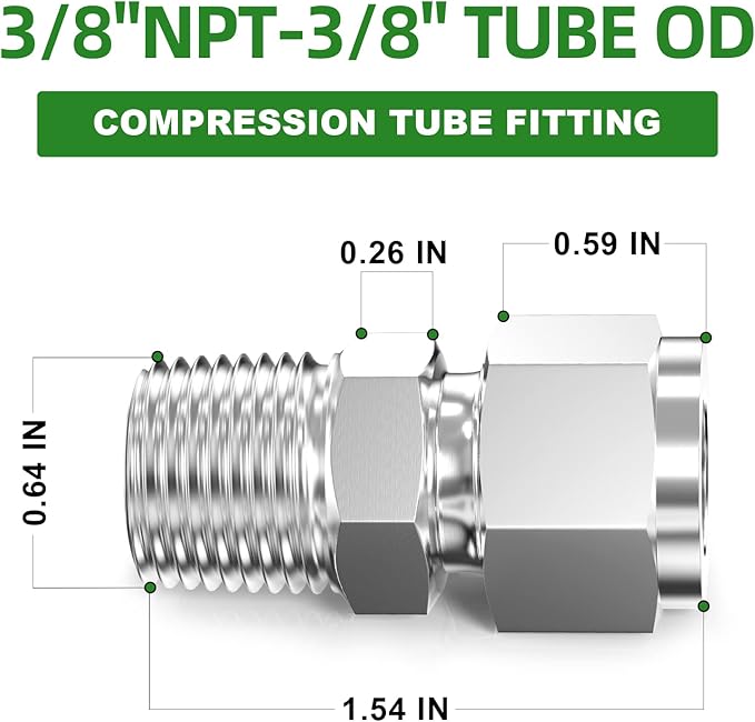 TAISHER 5PCS 304 Stainless Steel Compression Tube Pipe Fitting Connector, 3/8" Tube OD x 3/8" NPT Male Straight Adapter