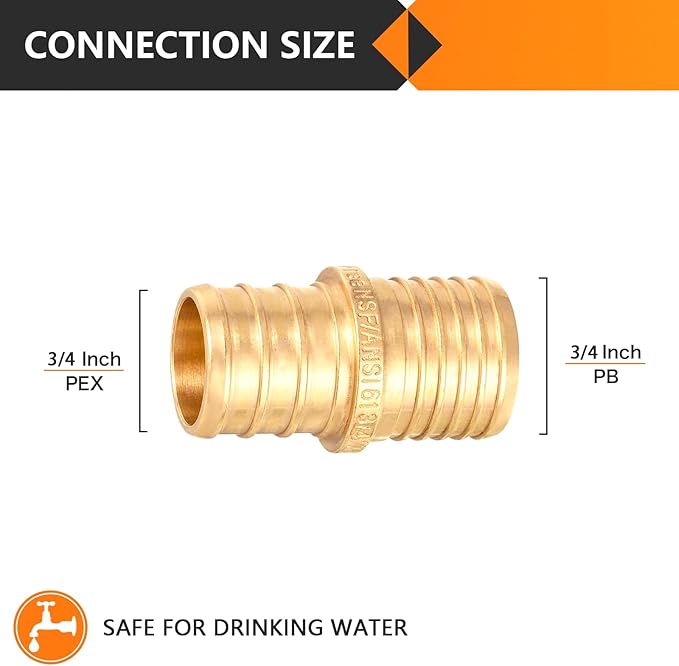 10-Pack HeSun Polybutylene Transition Coupling, 3/4" PEX X 3/4" PB, Brass Crimp Pex Fittings with 20 Rings, ASTM F1807(PEX1807479)