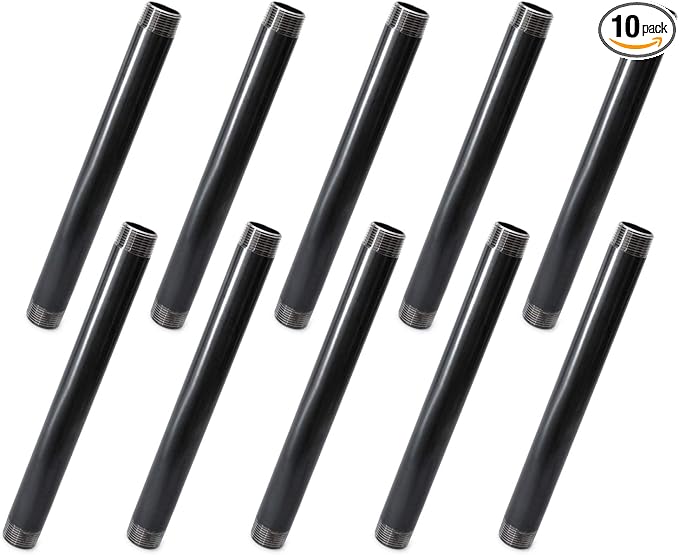 1"x12" Industrial Pipe, Home TZH 10 Pack Iron Pipe, Heavy Duty Pre-Cut Steel Pipe, Threaded Metal Pipe Nipple for Industrial Vintage Style DIY Project/Furniture/Shelving Decoration (1"x12", Grey)