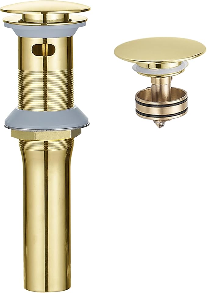 BWE Bathroom One-Piece Pop Up Drain Assembly with Strainer Sink Drain Stopper with Overflow for Bathroom Vessel Vanity Faucet Sink Brushed Gold