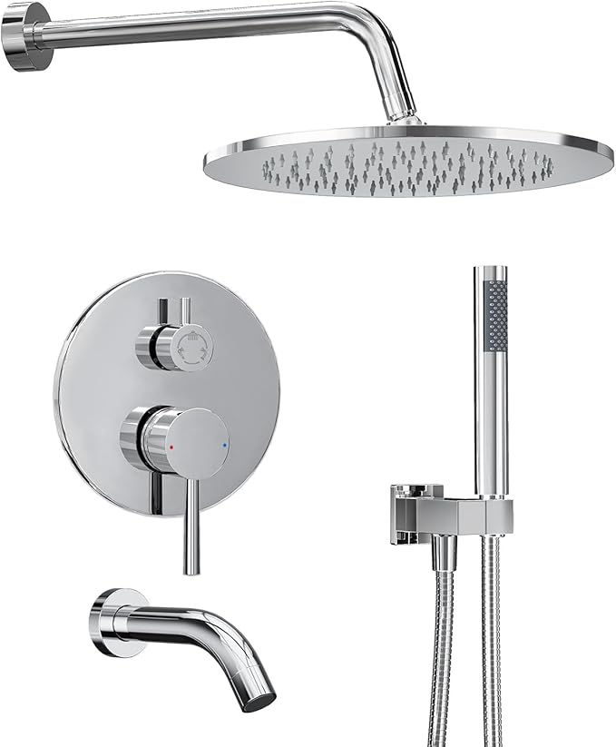Gabrylly Shower System with Tub Spout, Bathtub Shower Faucets Set with 3-Way Shower Valve, High Pressure 10" Rain Shower head with Handheld Spray Combo, Wall Mounted Rainfall Shower Head Set, Chrome