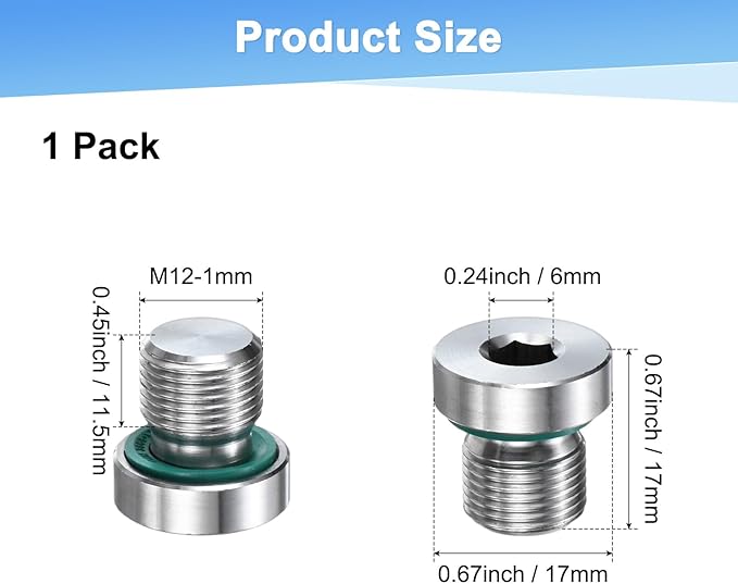 2-Pack Inner Hex Head Pipe Fitting Plug, M12x1mm 304 Stainless Steel Socket Bung Plug with Fluorine Sealing Ring for Terminate Pipe Ends/Replacement Drains
