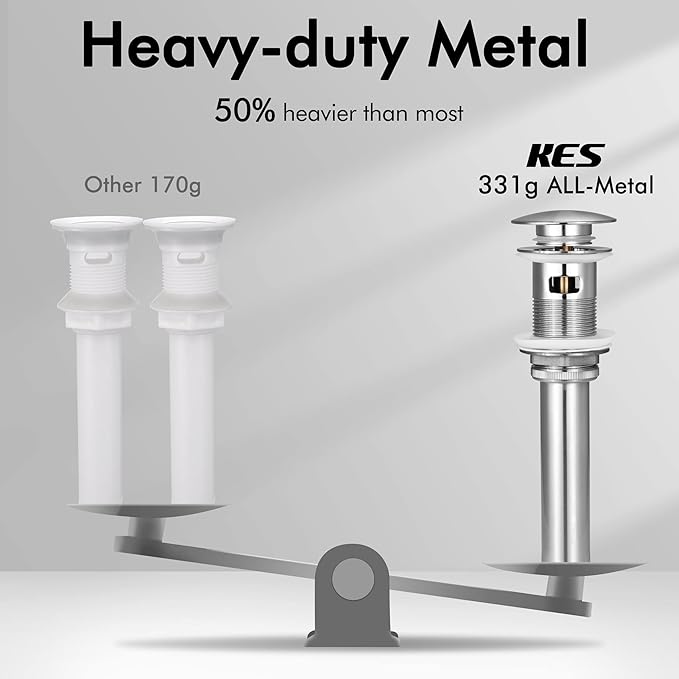 KES Bathroom Sink Drain with Overflow, Brushed Nickel Pop Up Drain 2 Pack, All Metal Bathroom Sink Stopper for Vanity Vessel Sink, T304 Stainless Steel and Brass, S2008A-BN-P2