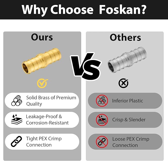 30-Pack Foskan 3/4 Inch PEX Straight Coupling,Brass Crimp Fittings for PEX Tubing Pipe