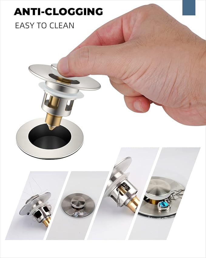 Hibbent All Metal Universal Bathroom Sink Stopper for 1.1''~2.3'' Basin, Pop Up Sink Drain Strainer, Brass Bullet Core Push Type Stopper, Stainless Steel Anti Clogging Drain Filter, Brushed Nickel