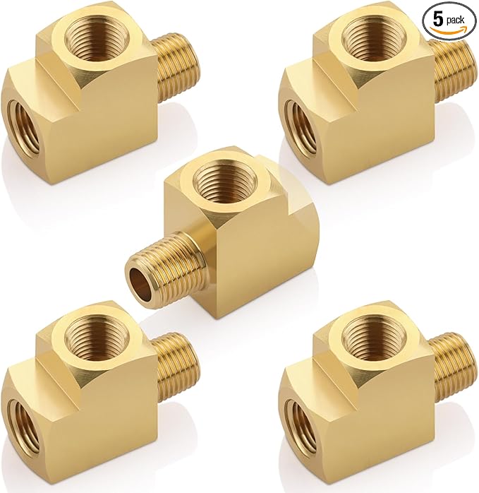 5pcs 1/8" Brass Tee Fittings 1/8" NPT Female Pipe to 1/8" NPT Male to 1/8" NPT Female Brass Barstock Street Tee Pipe Fittings 3 Way for Joining Pipe