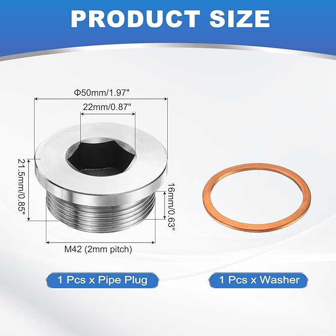 PATIKIL M42 x 2 Metric Pipe Plug Fitting, 304 Stainless Steel Internal Hex Head Socket Pipe Cap Adapter Connector with Copper Washer for Sealing Oil Gas Water