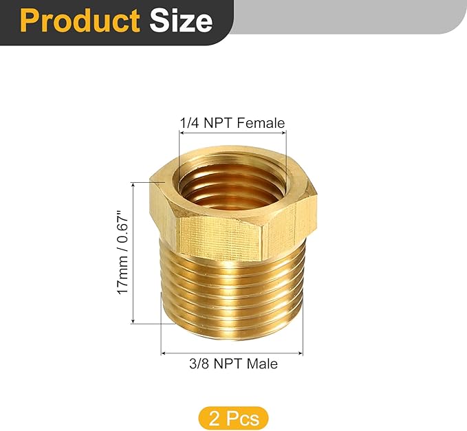uxcell 2Pcs 3/8 NPT Male x 1/4 NPT Female Brass Reducer Hex Bushing Threaded Pipe Fitting, Brass Threaded Pipe Fitting Adapter for Water, Gas, Oil Pipeline Systems
