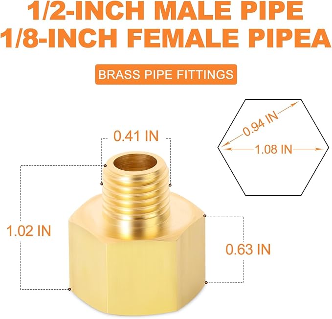 GASHER 8PCS Brass Pipe Fitting, Reducer Adapter, 1/2-Inch Male Pipe x 1/8-Inch Female Pipe