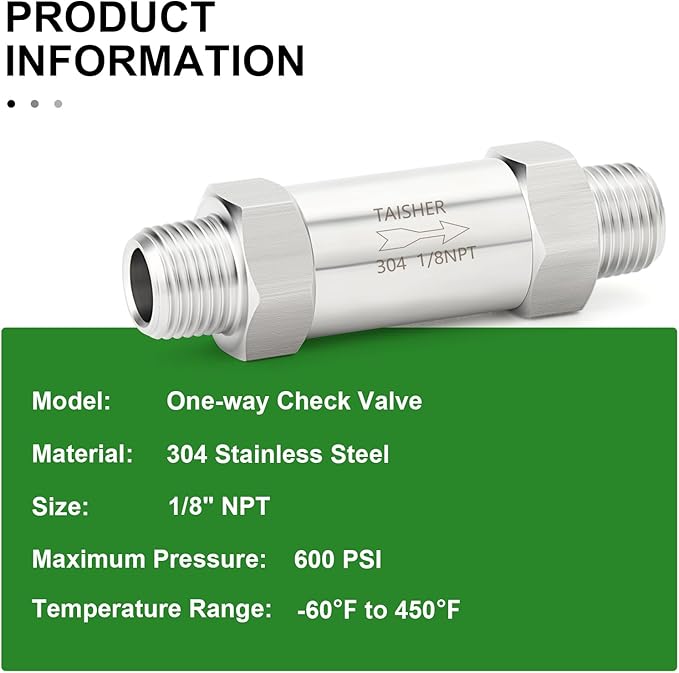 TAISHER 1PCS 304 Stainless Steel 1/8" NPT Male Check Valve,Backflow Prevention,One Way Non-Return Check Valves