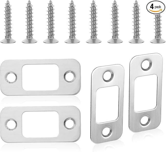 4Pcs Door Strike Plate Round Corner Stainless Steel Deadbolt Strike Plate 1" x 2-1/4" Door Lock Plates with 8 Screws for Interior/Exterior Doors