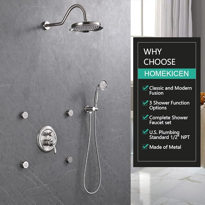 Antique Shower Faucet-Sets Fixtures: 9 inch Wall Rain Head with Handheld Spray and Body Jets, 3 Way Diverter Rough in Valve System included Trim Kit, Brushed Nickel