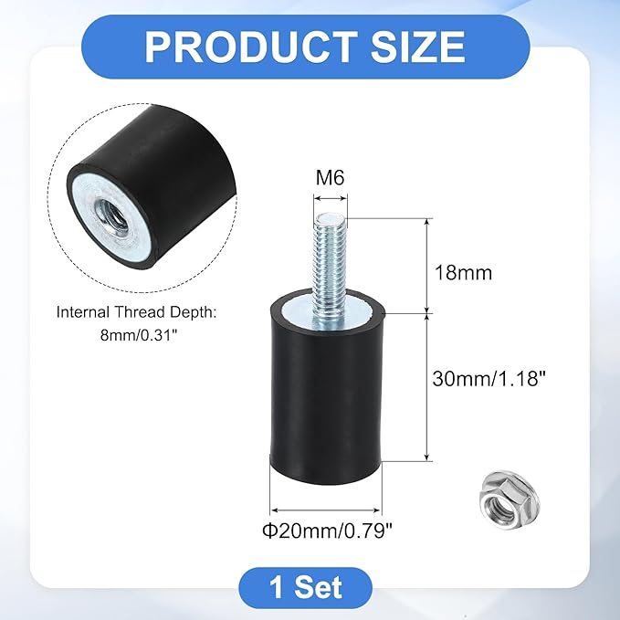 uxcell M6 Rubber Mounts, 1Pcs 20x30mm(DxH) Rubber Cylindrical Anti Vibration Isolator Shock Absorber with Lock Nut for Car Bobbin Generator Air Compressors
