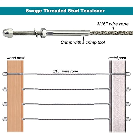 3/16 T316 Stainless Steel Stud Tensioner Cable Railing Hardware 60pcs，for Wood & Metal Posts Cable Railing System Kit