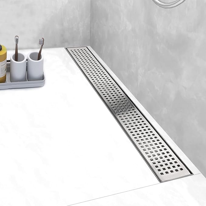 Linear Shower Drain, Shower Drain 40 inch with Removable Grate Cover, Professional AISI 304 Stainless Steel Shower Floor Drain, Linear Drain with Hair Catcher and Leveling Feet