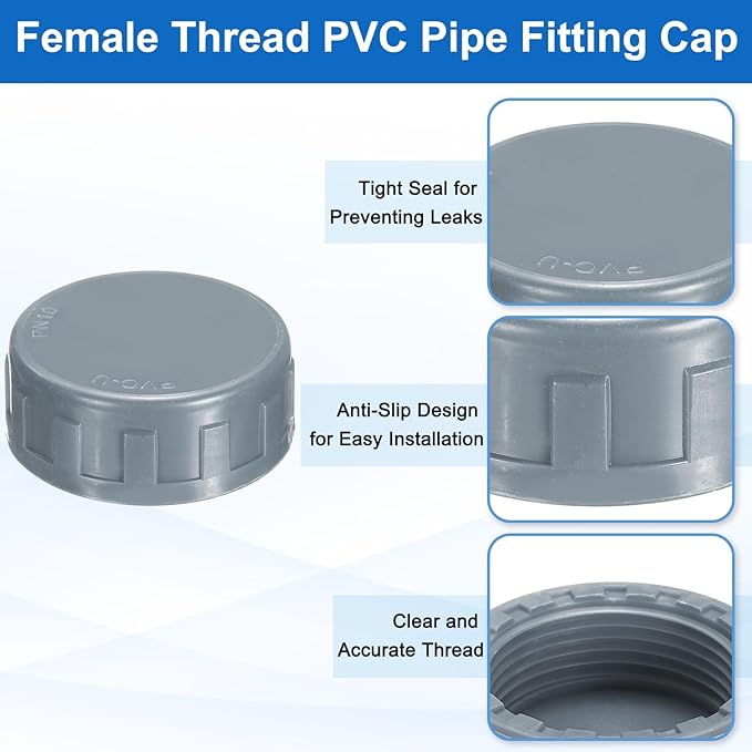 uxcell 5Pcs 1-1/4 Inch PT Female Thread PVC Pipe Fitting Cap, Cleanout Water Drain End Caps, Pipe Plug Socket Fittings with Tape for Water Heater Supply Lines, Plumbing, Gray