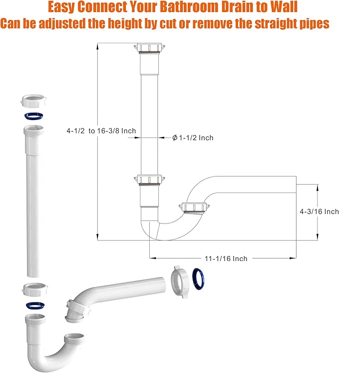 Bathroom Sink Drain Kit,for Most 1-1/4” Bathroom & Kitchen Sink Drain Repair,1-1/4” P Trap or S Trap Sink Plumbing Kit,Sink Pipe Replacement Parts