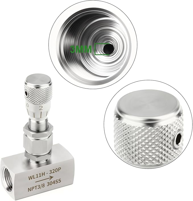 TAISHER 1PCS 304 Stainless Steel Reduce Port 3mm Needle Valve 3/8" NPT Female，Accurate Dials For Micro Flow Control Instrument Gauge Water Gas Oil